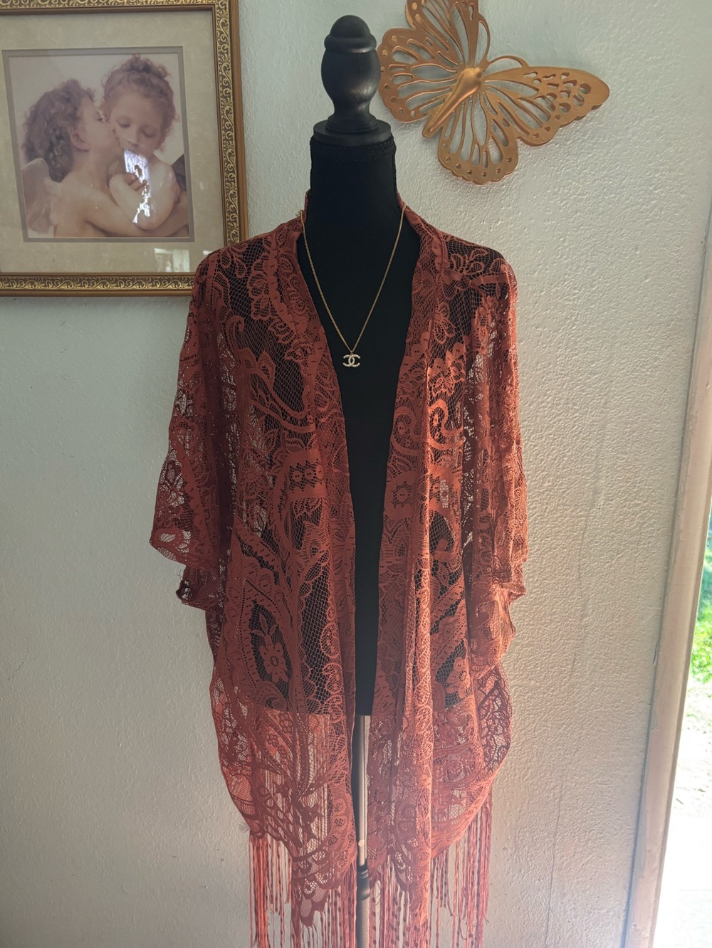 Lace Fringe Kimono Jacket - Rust